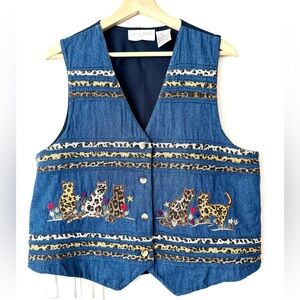 Casual Corner Cat Embroidered Denim Vest
